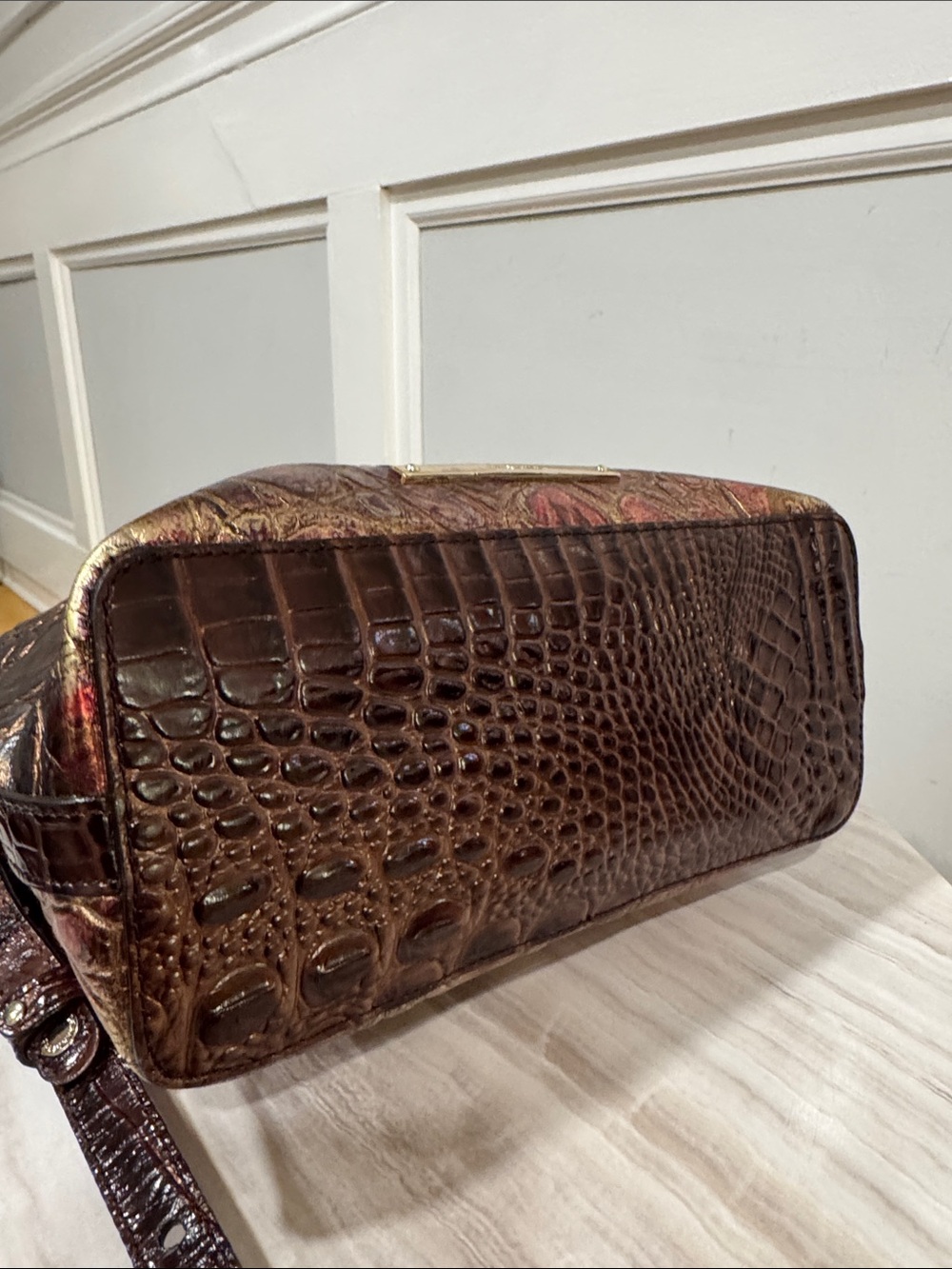 Brahmin Bag Supernova Melbourne Lorelei Bronze Metallic Croc-Embossed Crossbody - Picture 9 of 17